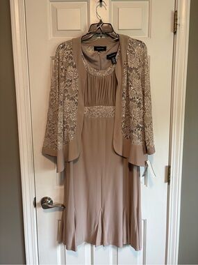 R&M Richards Taupe Lace & Sequin Midi Dress with Jacket